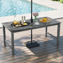 HDPE Outdoor Dining Table for 6 Person with Wood-Like Tabletop and Umbrella Hole-Gray