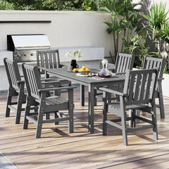 HDPE Outdoor Dining Table for 6 Person with Wood-Like Tabletop and Umbrella Hole-Gray