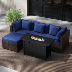 5 Piece Patio Rattan Sofa Set with 60000 BTU Stainless Burner Firepit Table and Ottoman, Navy