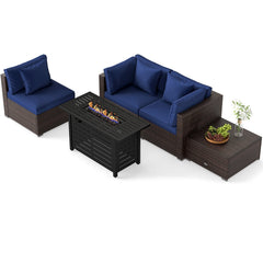 5 Piece Patio Rattan Sofa Set with 60000 BTU Stainless Burner Firepit Table and Ottoman, Navy