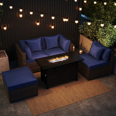 5 Piece Patio Rattan Sofa Set with 60000 BTU Stainless Burner Firepit Table and Ottoman, Navy
