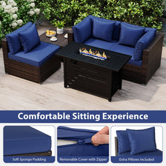 5 Piece Patio Rattan Sofa Set with 60000 BTU Stainless Burner Firepit Table and Ottoman, Navy