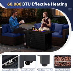 5 Piece Patio Rattan Sofa Set with 60000 BTU Stainless Burner Firepit Table and Ottoman, Navy