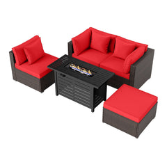 5 Piece Modular Rattan Patio Set with 60000 BTU Firepit Table and Ottoman, Red