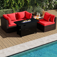 5 Piece Modular Rattan Patio Set with 60000 BTU Firepit Table and Ottoman, Red