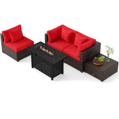 5 Piece Modular Rattan Patio Set with 60000 BTU Firepit Table and Ottoman, Red