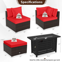 5 Piece Modular Rattan Patio Set with 60000 BTU Firepit Table and Ottoman, Red