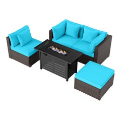 5 Piece Rattan Patio Set with 60000 BTU Firepit Table and Dual Use Ottoman, Turquoise