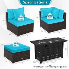 5 Piece Rattan Patio Set with 60000 BTU Firepit Table and Dual Use Ottoman, Turquoise