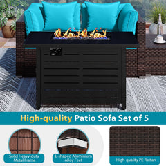 5 Piece Rattan Patio Set with 60000 BTU Firepit Table and Dual Use Ottoman, Turquoise