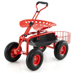 Heavy Duty Garden Cart with Tool Tray and 360 Swivel Seat-Red