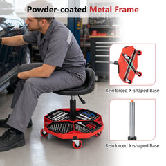 Height Adjustable Garage Seat with and PU Leather Seat Cushion-Blackred
