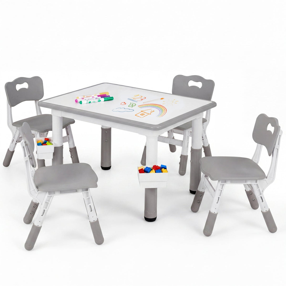 Height Adjustable, Kids Table and 4 Chairs Set with Graffiti Desktop and 2 Storage Baskets-Gray