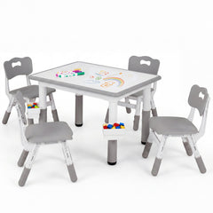 Height Adjustable, Kids Table and 4 Chairs Set with Graffiti Desktop and 2 Storage Baskets-Gray