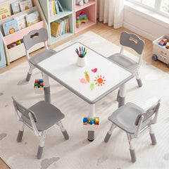 Height Adjustable, Kids Table and 4 Chairs Set with Graffiti Desktop and 2 Storage Baskets-Gray