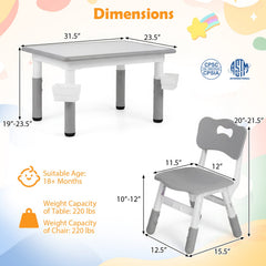 Height Adjustable, Kids Table and 4 Chairs Set with Graffiti Desktop and 2 Storage Baskets-Gray