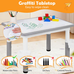 Height Adjustable, Kids Table and 4 Chairs Set with Graffiti Desktop and 2 Storage Baskets-Gray