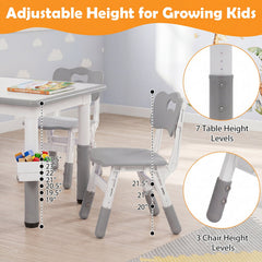 Height Adjustable, Kids Table and 4 Chairs Set with Graffiti Desktop and 2 Storage Baskets-Gray