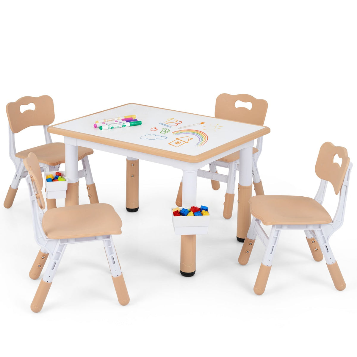 Height Adjustable, Kids Table and 4 Chairs Set with Graffiti Desktop and 2 Storage Baskets-Natrual
