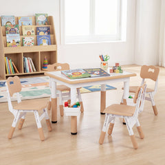 Height Adjustable, Kids Table and 4 Chairs Set with Graffiti Desktop and 2 Storage Baskets-Natrual