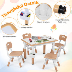 Height Adjustable, Kids Table and 4 Chairs Set with Graffiti Desktop and 2 Storage Baskets-Natrual
