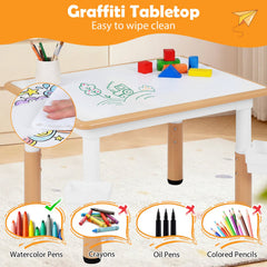 Height Adjustable, Kids Table and 4 Chairs Set with Graffiti Desktop and 2 Storage Baskets-Natrual