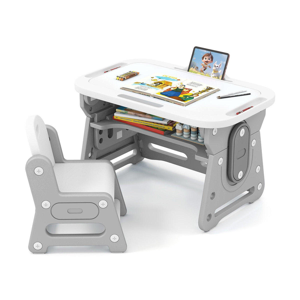 Height Adjustable Kids Table and Chair Set with Tiltable Whiteboard and Concave Shelf-Gray