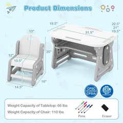 Height Adjustable Kids Table and Chair Set with Tiltable Whiteboard and Concave Shelf-Gray