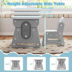 Height Adjustable Kids Table and Chair Set with Tiltable Whiteboard and Concave Shelf-Gray