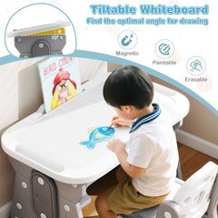 Height Adjustable Kids Table and Chair Set with Tiltable Whiteboard and Concave Shelf-Gray