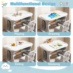 Height Adjustable Kids Table and Chair Set with Tiltable Whiteboard and Concave Shelf-Gray