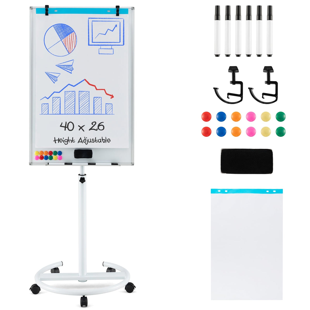 Height-Adjustable Mobile Whiteboard with Round Stand Paper Clips-White