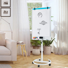 Height-Adjustable Mobile Whiteboard with Round Stand Paper Clips-White