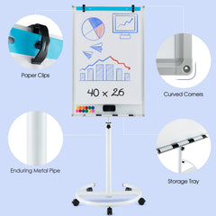 Height-Adjustable Mobile Whiteboard with Round Stand Paper Clips-White