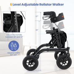 Height Adjustable Rollator Walker Foldable Rolling Walker with Seat for Seniors-Black