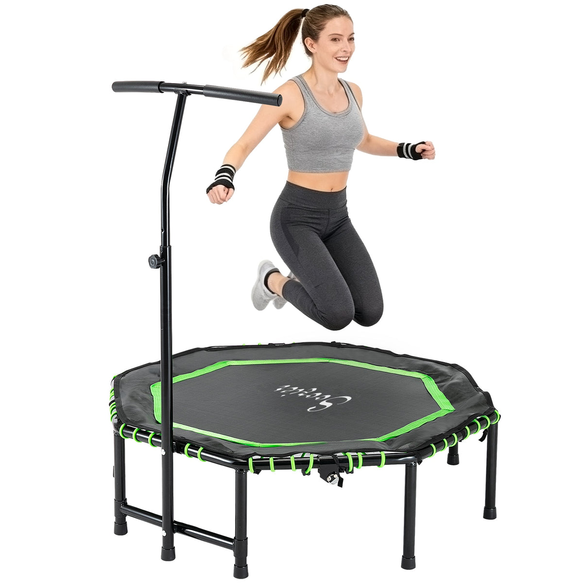 48" Mini Trampoline, Foldable Trampoline with Adjustable Handle Bar for Adults Exercise, Workout, Fitness, Green