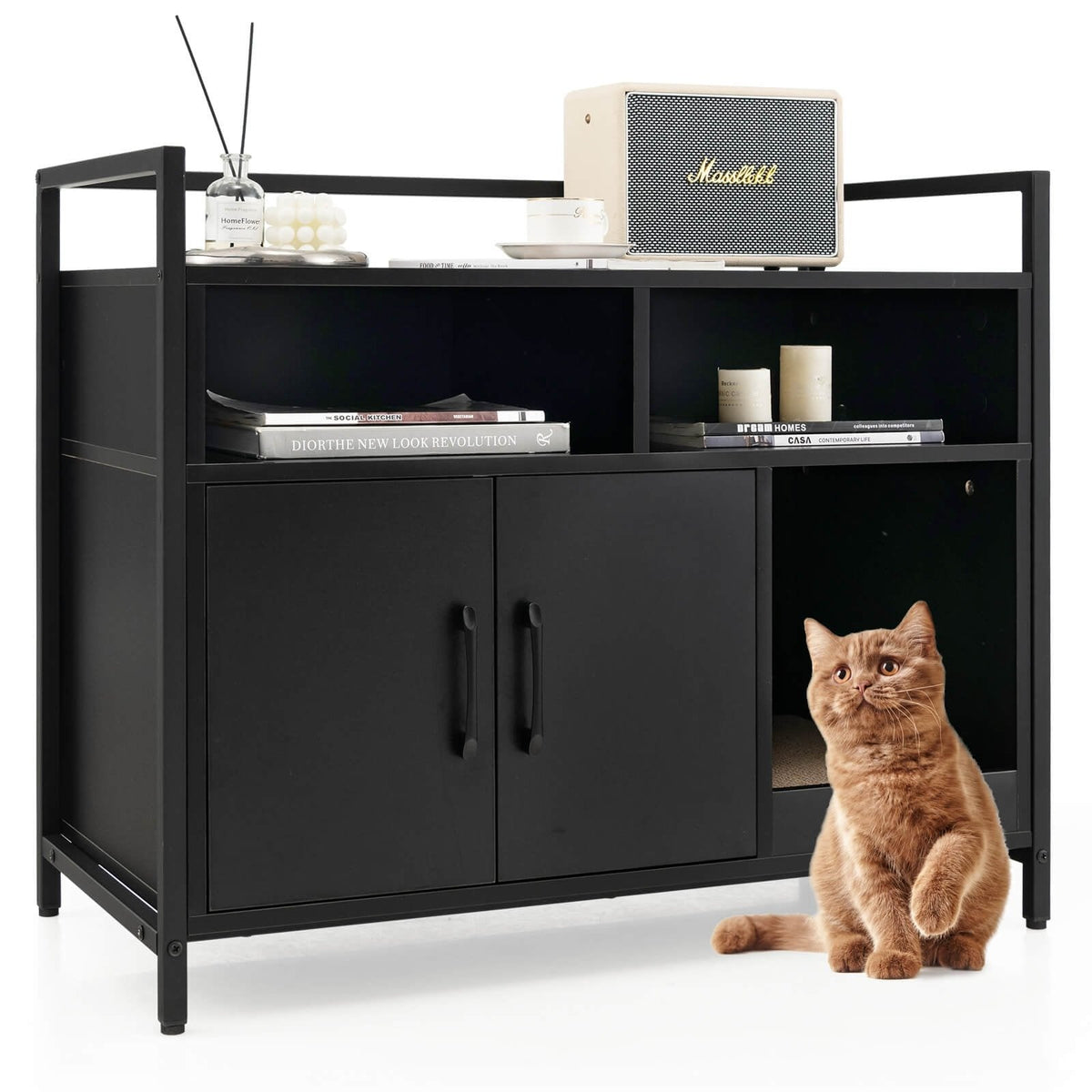 Hidden Cat Washroom with Double Doors and Scratch Cardboard-Black