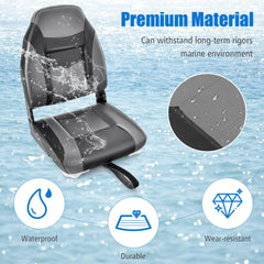 High Back Folding Boat Seats with Black Grey Sponge Cushion and Flexible Hinges-Set of 2