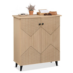 High‑quality 2‑Door Geometric Cabinet Freestanding Decorative Footwear Storage Unit with Carved Panels for Indoor Home Use-Natural