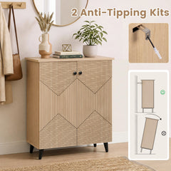 High‑quality 2‑Door Geometric Cabinet Freestanding Decorative Footwear Storage Unit with Carved Panels for Indoor Home Use-Natural