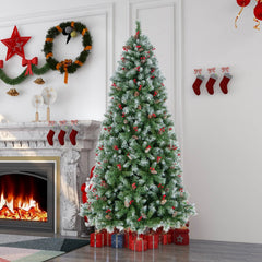 7.5 FT Snowy Pre-Lit Christmas Tree, 1368 Tips, 89 Pine Cones, 267 Red Berries, 560 LEDs