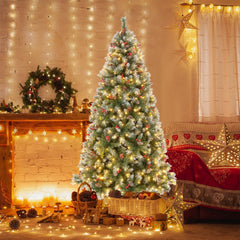 7.5 FT Snowy Pre-Lit Christmas Tree, 1368 Tips, 89 Pine Cones, 267 Red Berries, 560 LEDs