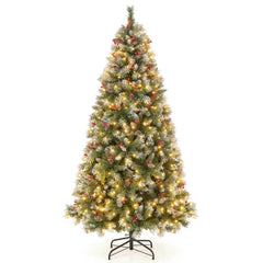 7.5 FT Snowy Pre-Lit Christmas Tree, 1368 Tips, 89 Pine Cones, 267 Red Berries, 560 LEDs