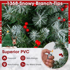 7.5 FT Snowy Pre-Lit Christmas Tree, 1368 Tips, 89 Pine Cones, 267 Red Berries, 560 LEDs