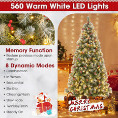 7.5 FT Snowy Pre-Lit Christmas Tree, 1368 Tips, 89 Pine Cones, 267 Red Berries, 560 LEDs