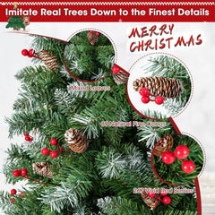 7.5 FT Snowy Pre-Lit Christmas Tree, 1368 Tips, 89 Pine Cones, 267 Red Berries, 560 LEDs