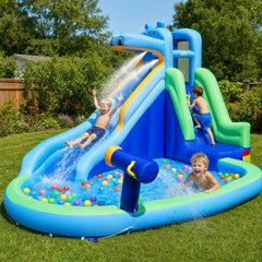Hippo-Themed Inflatable Water Slide with Long Slide and Climbing Wall for Kids Backyard with 680W Blower