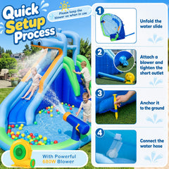 Hippo-Themed Inflatable Water Slide with Long Slide and Climbing Wall for Kids Backyard with 680W Blower