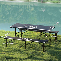 6FT 3PCS Faux Rattan Outdoor Camping Table Bench Set with Carrying Handles, Folding Picnic Table with 2 Benches, Black