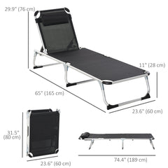 Folding Lounge Chair, Patio Lounger with Headrest, 5-Level Adjustable Backrest, and Aluminum Frame, Black